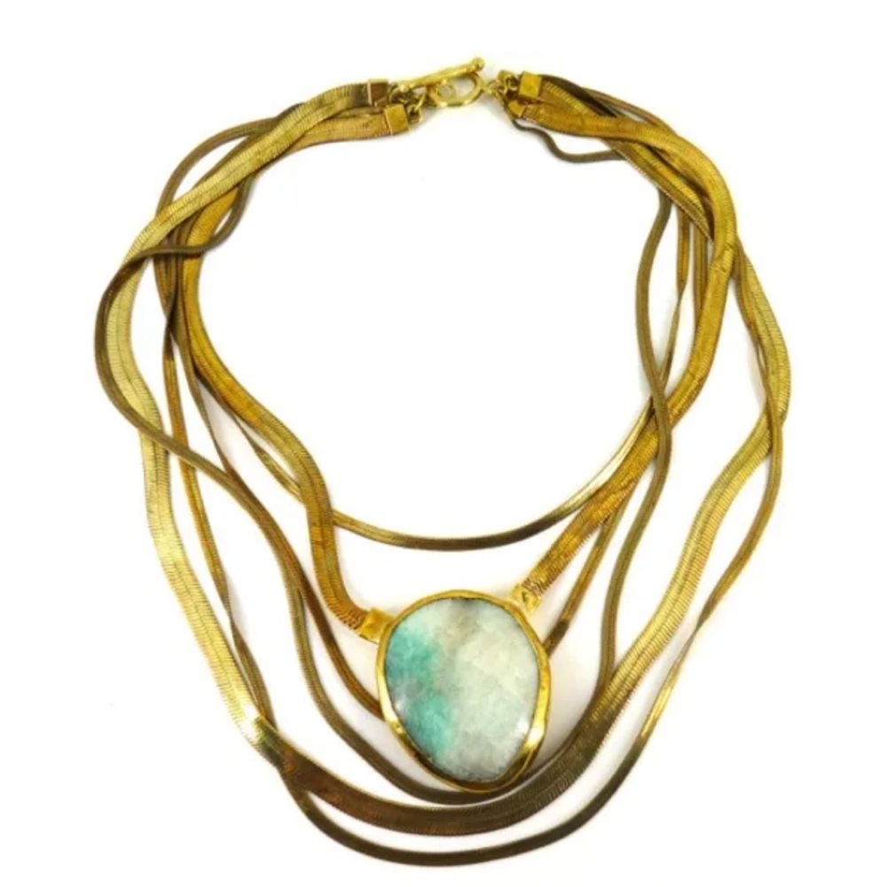 Lena Bernard Brass Herringbone Multi Strand Necklace w/Lg Amazonite Cent…